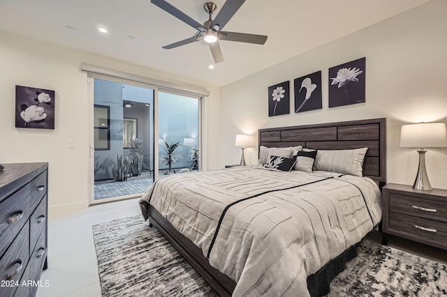 bedroom with ceiling fan and access to outside