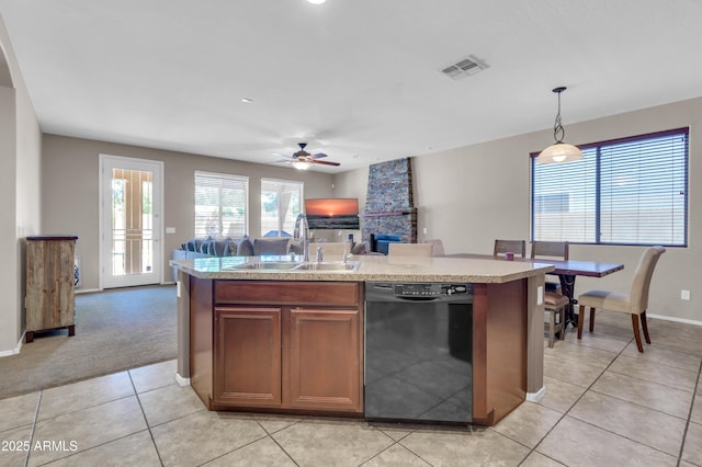 742 E Kingbird Dr, Gilbert, AZ 85297 - kitchen featuring dishwasher, open floor plan, light countertops, a ceiling fan, and light tile patterned flooring