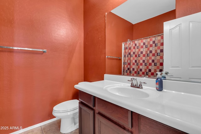 742 E Kingbird Dr, Gilbert, AZ 85297 - bathroom with tile patterned floors, vanity, a shower with shower curtain, and a textured wall