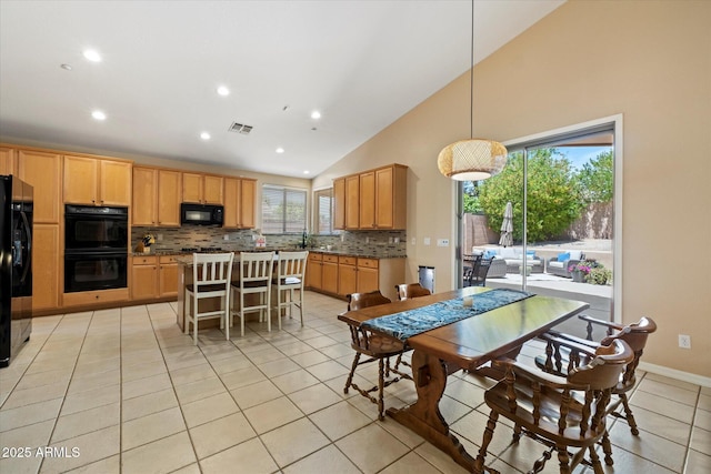 dining room featuring recessed lighting, high vaulted ceiling, visible vents, and light tile patterned floors