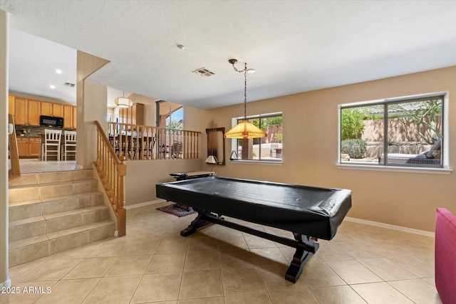 playroom featuring billiards, visible vents, light tile patterned floors, baseboards, and recessed lighting