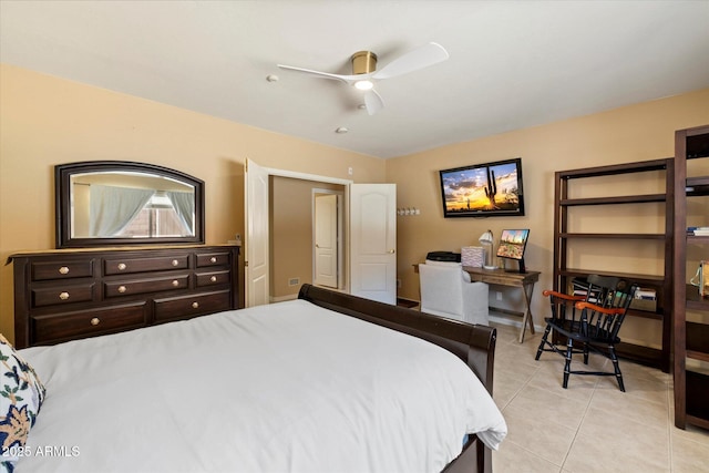 bedroom with light tile patterned floors and ceiling fan