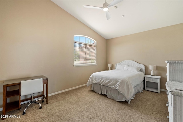 bedroom with carpet floors, a ceiling fan, baseboards, and lofted ceiling