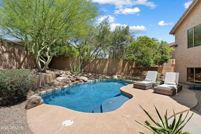 view of swimming pool with a patio, a fenced in pool, and a fenced backyard