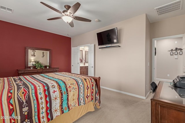 bedroom featuring a ceiling fan, baseboards, visible vents, and light carpet