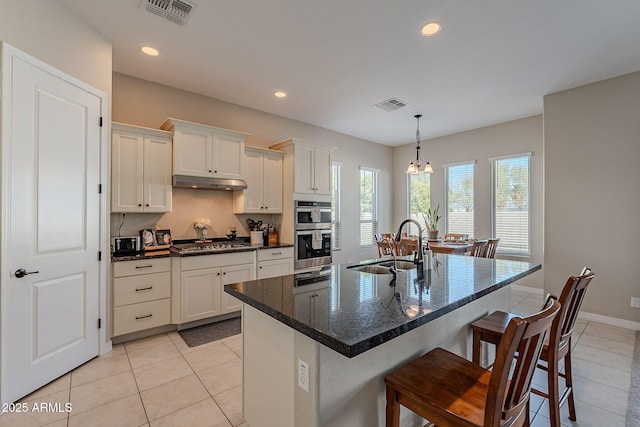 kitchen with under cabinet range hood, appliances with stainless steel finishes, visible vents, and a sink