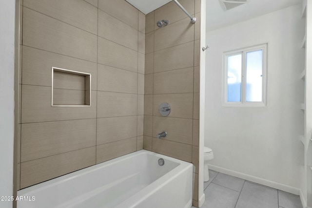 full bath with tile patterned floors, toilet, baseboards, visible vents, and shower / bath combination