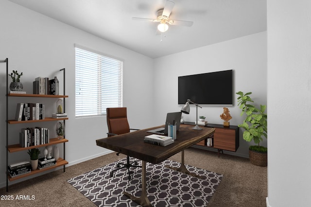 home office with carpet and ceiling fan