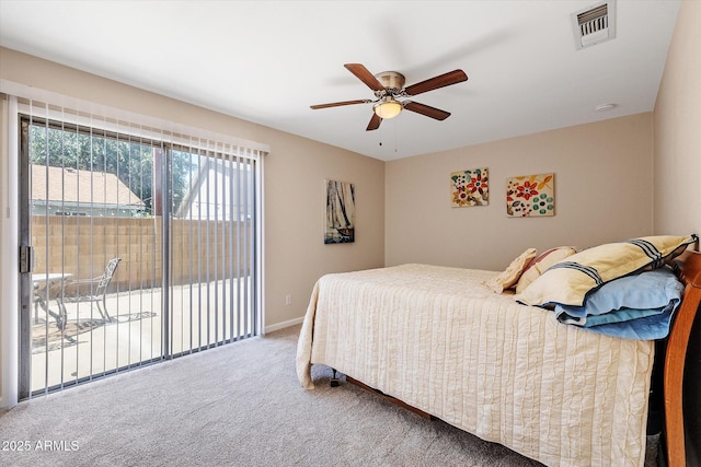 3021 E Harmony Cir, Mesa, AZ 85204 - carpeted bedroom featuring access to outside and ceiling fan