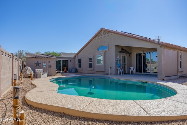 view of swimming pool with a patio area and ceiling fan