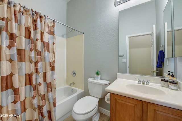 full bathroom featuring vanity, shower / bath combination with curtain, and toilet