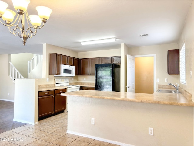 kitchen with kitchen peninsula, dark brown cabinets, white appliances, sink, and pendant lighting