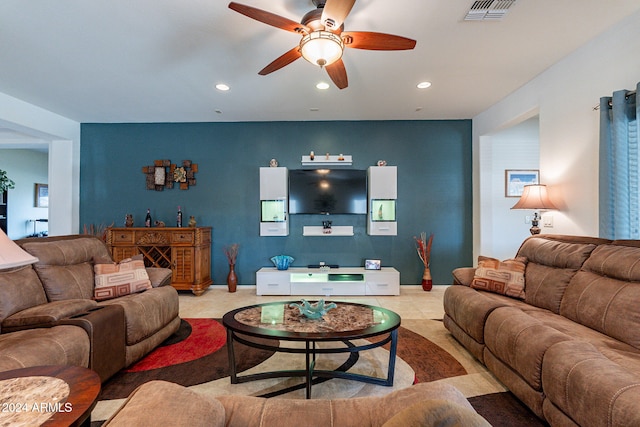 living room with ceiling fan