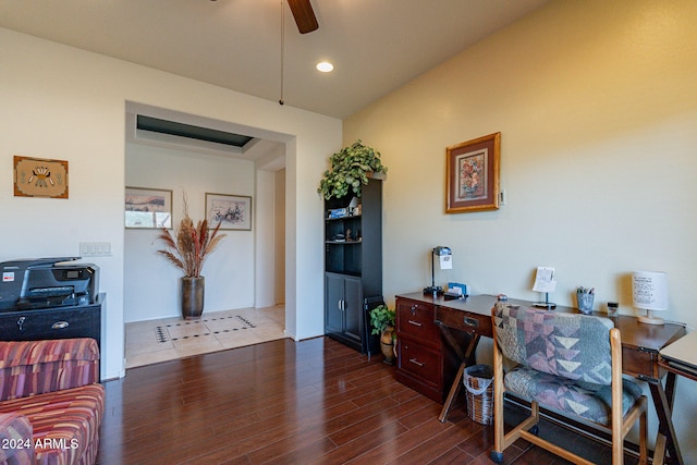 office featuring ceiling fan and hardwood / wood-style flooring