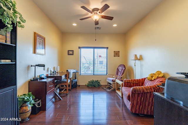 office featuring ceiling fan and dark hardwood / wood-style floors