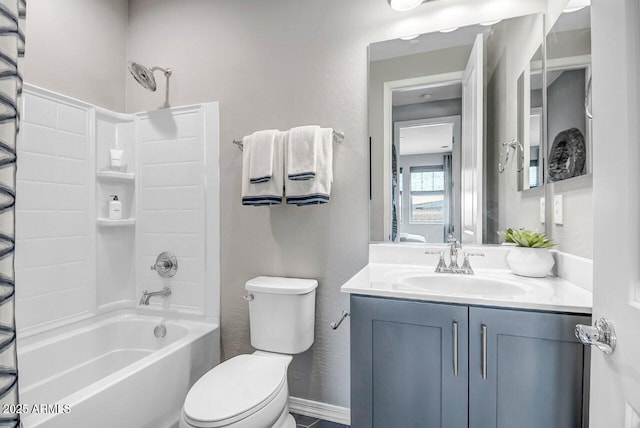 full bathroom with toilet, bathing tub / shower combination, and vanity