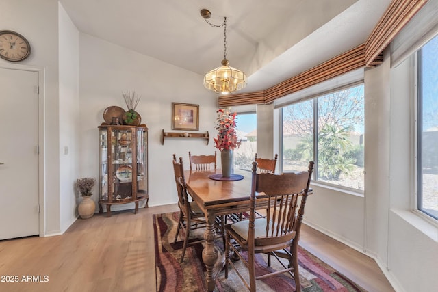 dining space featuring wood-type flooring and a chandelier