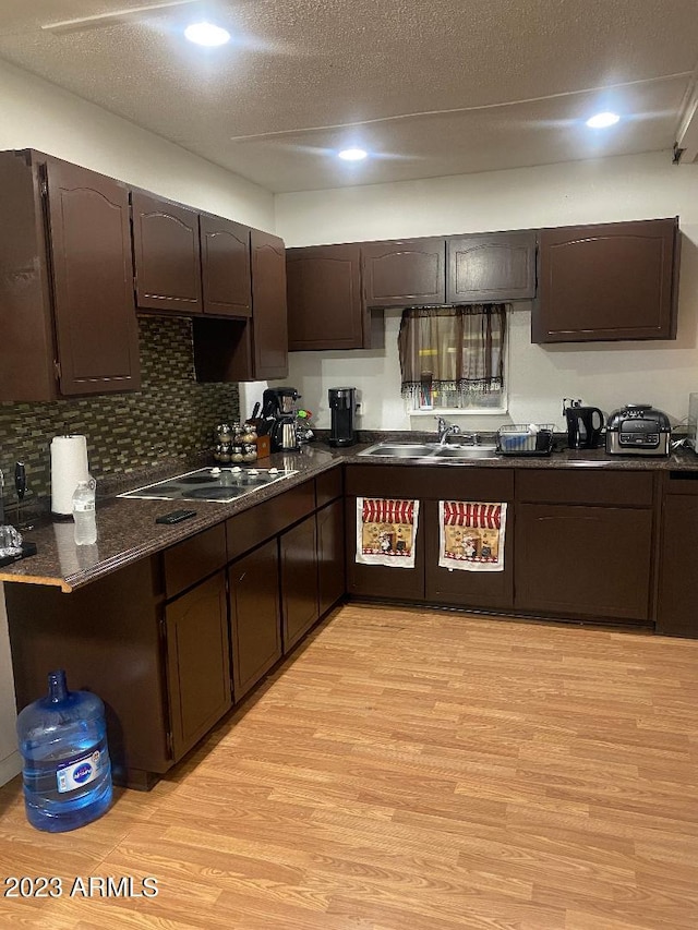 kitchen with backsplash, electric cooktop, sink, light wood-type flooring, and dark brown cabinets