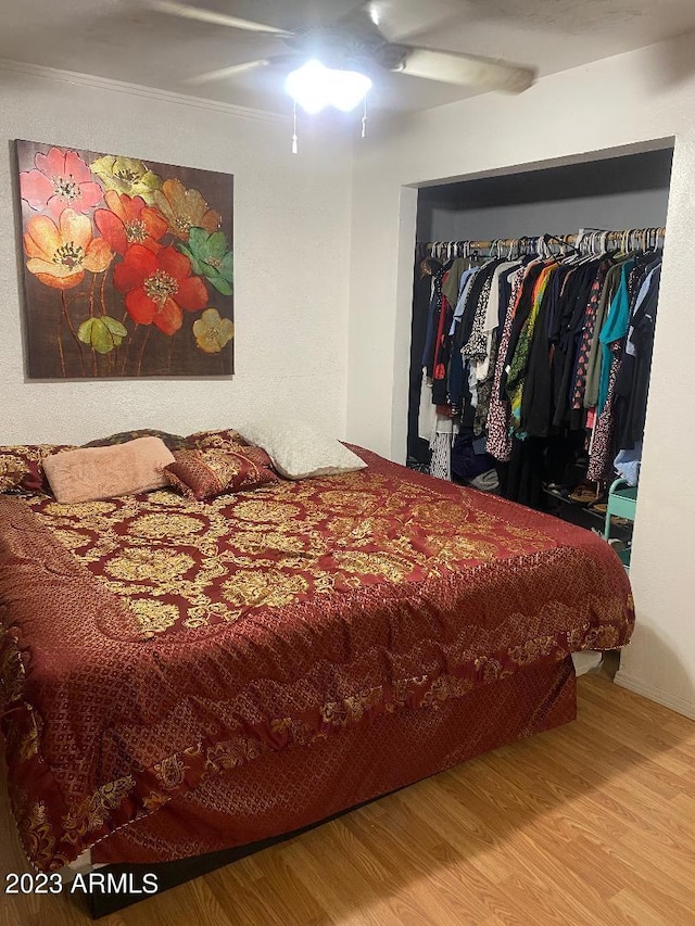 bedroom featuring ceiling fan, light wood-type flooring, and a closet