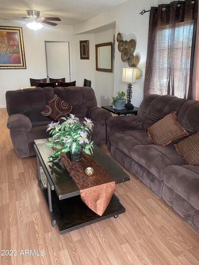 living room featuring ceiling fan and light wood-type flooring