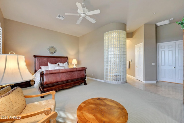 bedroom with visible vents, ceiling fan, and baseboards