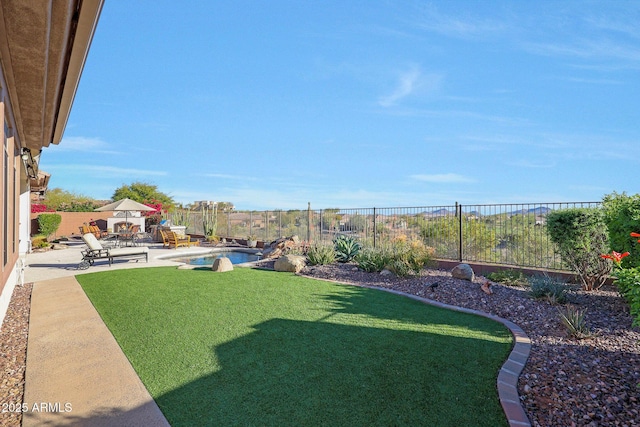 view of yard featuring a patio area, a fenced backyard, and a fenced in pool