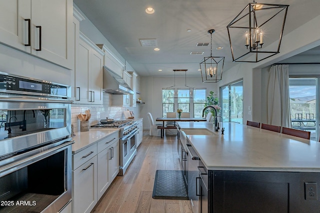 kitchen with white cabinets, a center island with sink, stainless steel appliances, and hanging light fixtures