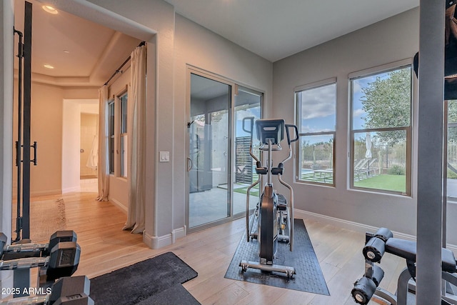 workout room with light hardwood / wood-style floors