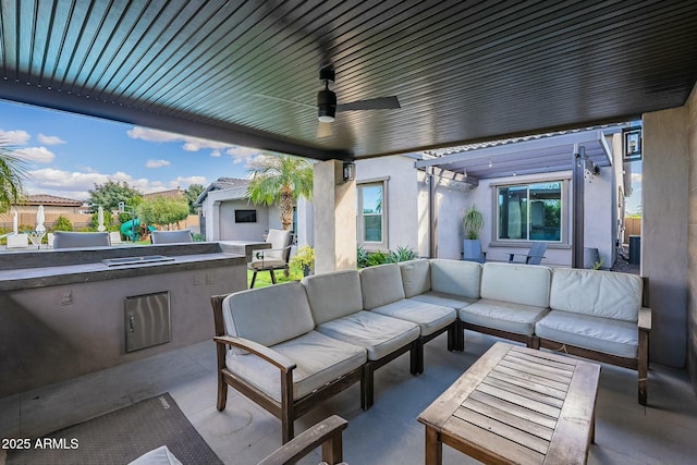 view of patio / terrace featuring ceiling fan, area for grilling, an outdoor hangout area, and a pergola