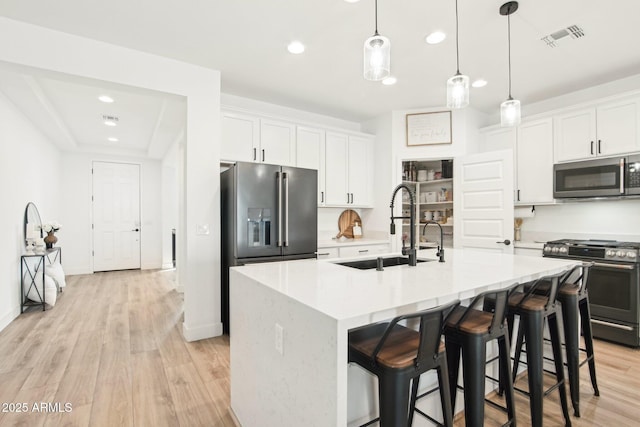 kitchen featuring a kitchen island with sink, sink, white cabinetry, and stainless steel appliances