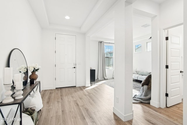 entryway with a raised ceiling and light wood-type flooring