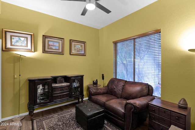 living room featuring hardwood / wood-style flooring, ceiling fan, and a healthy amount of sunlight