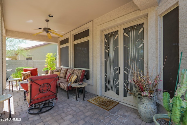 view of patio / terrace with french doors, outdoor lounge area, and ceiling fan