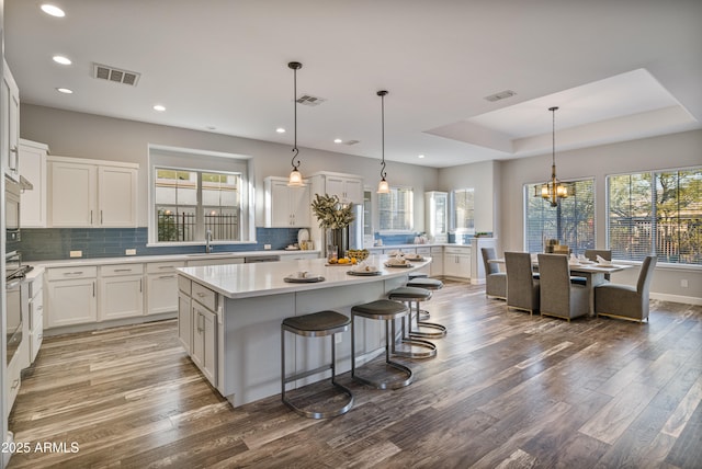 kitchen featuring a tray ceiling, a kitchen island, sink, hardwood / wood-style floors, and white cabinetry