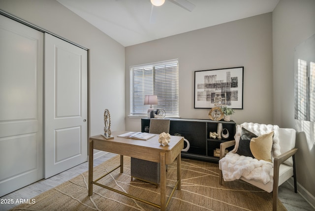 office area featuring wood-type flooring and ceiling fan