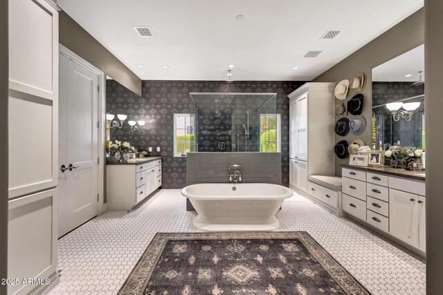 18927 N 101st St, Scottsdale, AZ 85255 - bathroom with wallpapered walls, a stall shower, vanity, and a freestanding bath