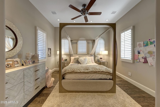 18927 N 101st St, Scottsdale, AZ 85255 - bedroom featuring baseboards, dark wood-type flooring, a ceiling fan, and recessed lighting