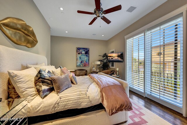 18927 N 101st St, Scottsdale, AZ 85255 - bedroom featuring wood finished floors, recessed lighting, ceiling fan, and access to exterior