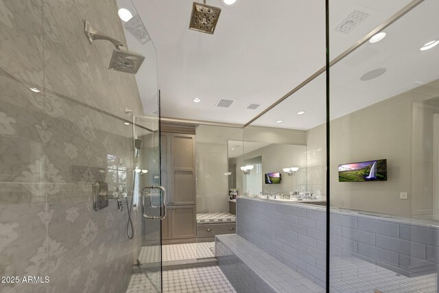 18927 N 101st St, Scottsdale, AZ 85255 - bathroom with a shower stall, recessed lighting, vanity, and tile patterned flooring