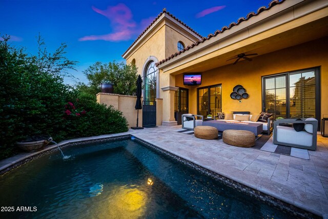 18927 N 101st St, Scottsdale, AZ 85255 - outdoor pool with a patio area, an outdoor living space with a fire pit, and ceiling fan