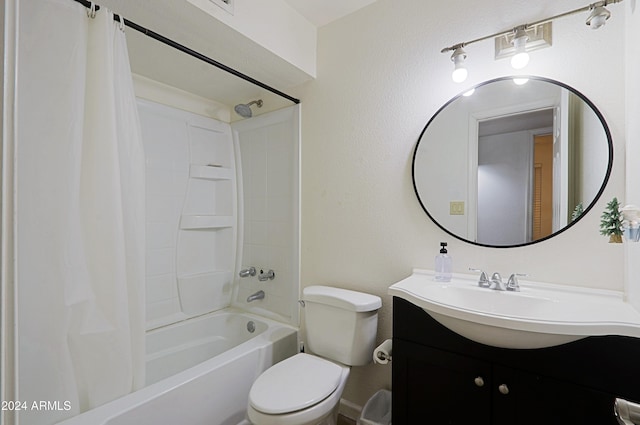 full bathroom with vanity, toilet, and shower / bathtub combination with curtain