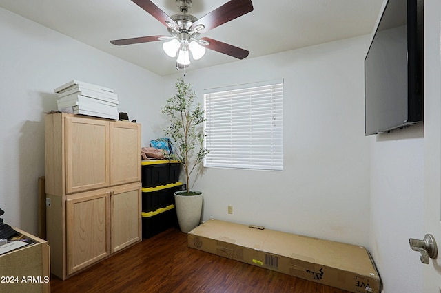 interior space featuring ceiling fan and dark hardwood / wood-style flooring