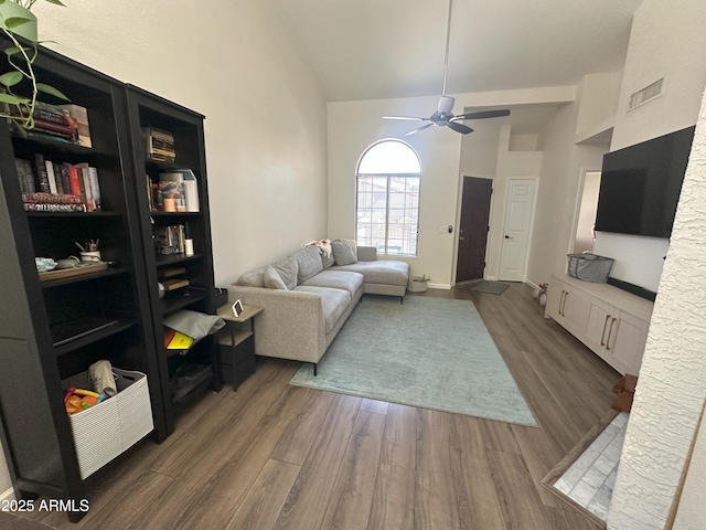 1718 S Longmore St Unit 53, Mesa, AZ 85202 - living room with a ceiling fan, high vaulted ceiling, and wood finished floors