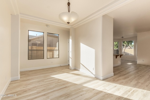 spare room featuring light hardwood / wood-style floors and ornamental molding