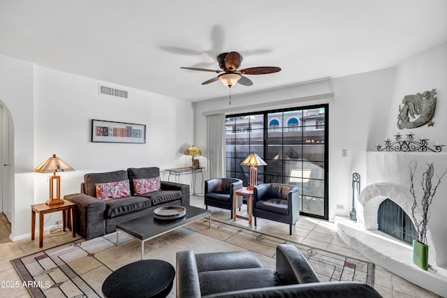 living room featuring ceiling fan