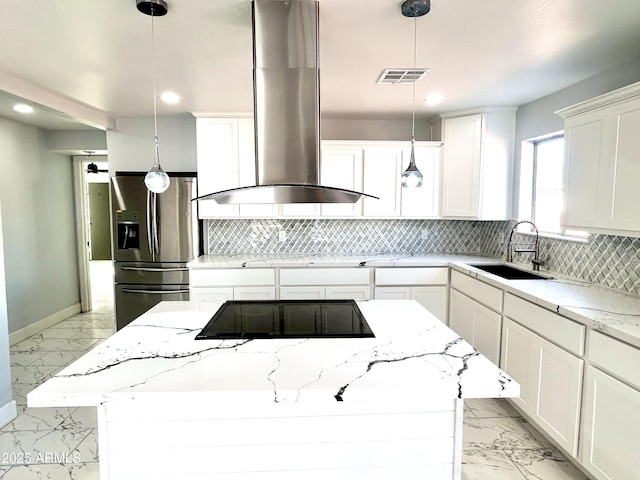 kitchen featuring stainless steel fridge with ice dispenser, a center island, island range hood, and sink