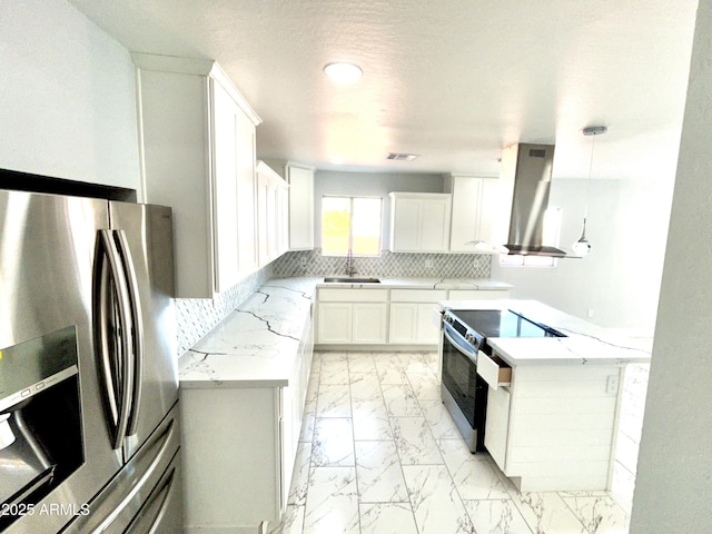 kitchen featuring sink, decorative light fixtures, island range hood, white cabinetry, and stainless steel appliances