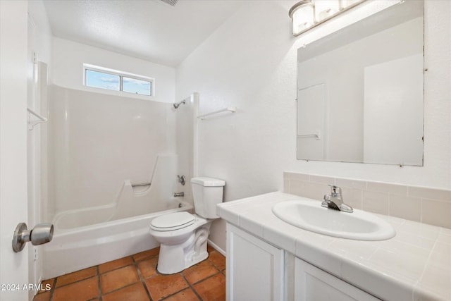 full bathroom featuring vanity, vaulted ceiling, decorative backsplash, toilet, and shower / bath combination