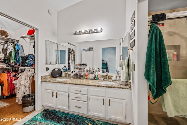 full bathroom with double vanity, wood finished floors, a spacious closet, and a sink