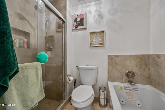 bathroom with visible vents, toilet, a tub with jets, and a stall shower